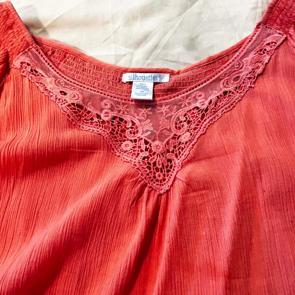 TUNIC, LACE INSERTS, MELON, SIZE 4X, LONG SLEEVES, ROUND NECK, COTTON, SILHOUETT